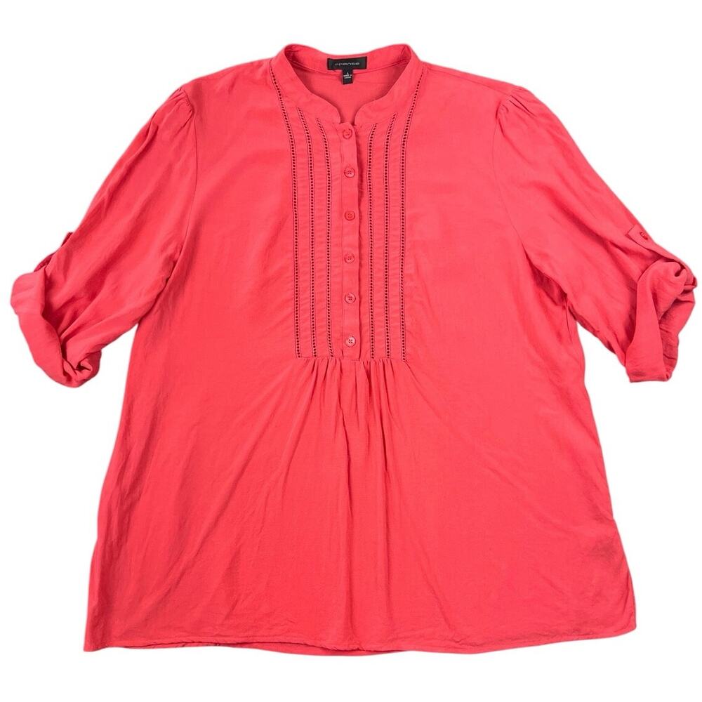 Spense Bright Coral Pink Pintuck Tunic Blouse Roll-tab Sleeves Boho - L